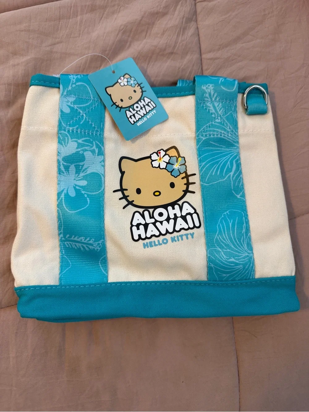 ABC Store exclusive Hello Kitty Aloha Hawaii Canvas Tote in Teal & Cream